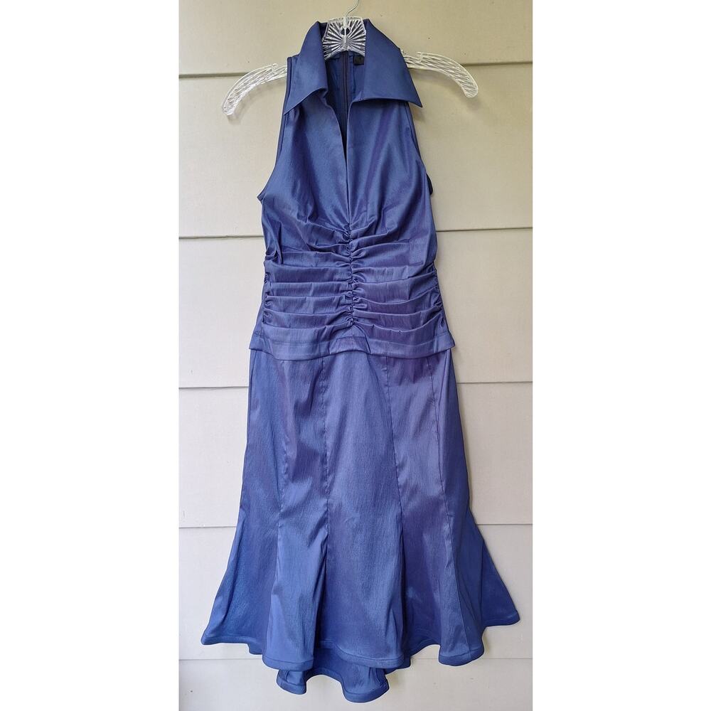 Vintage 90s Tadashi Collection Blue Halter Ruched Waist Party Cocktail Dress 4 S